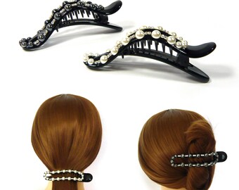 2PCS Faux Pearl Crystal Rhinestone Decorative Big Long Black Plastic Hair Claw Jaw Clip Clamp Grip Holder Women Chic Fashion Accessory Gift