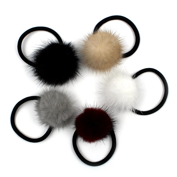 Simple Real Mink Fur Pompom Ball Hair Tie Black Elastic Ring Band Ponytail Holder Winter Cute Hair Accessories for Kids Girls Women Gift New