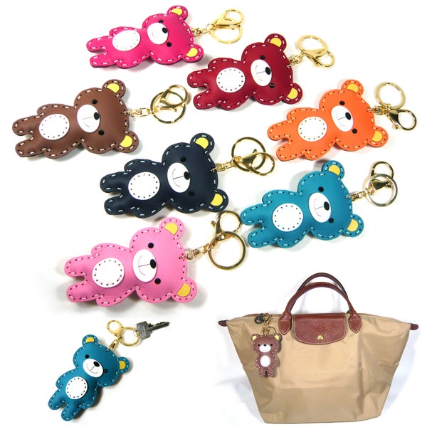 Colorful Faux Leather Smiling Teddy Bear Animal Doll Car Key Ring Chain Holder Hand Bag Wallet Purse Charm Accessory Cute Fashion Gift New