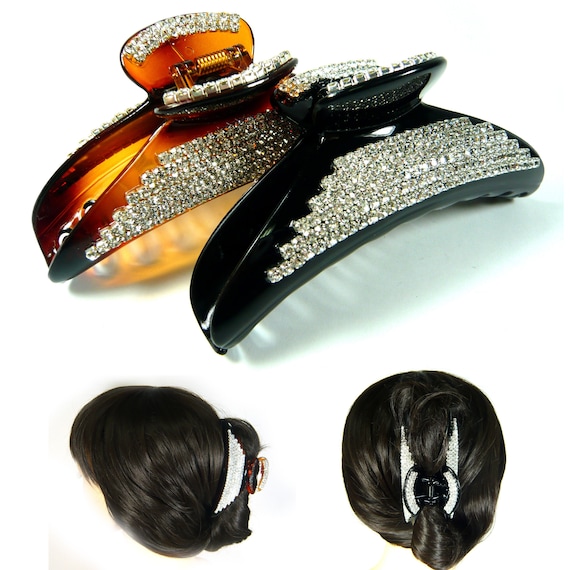 Silver Crystal Rhinestone Large Brown Black Plastic Hair Claw Jaw