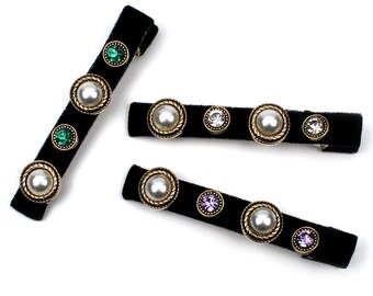 Antique Style Pearl Crystal Decorative Black Velvet Cover Long Metal Hair Clip Alligator Hairpin Retro Look Hair Accessories for Women Girls