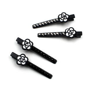 細くて長い黒の金属製ワニ口ヘアクリップ キラキラアクリルクリスタルラインストーンビーズ付き 花のヘアピン付き かわいいヘアアクセサリー