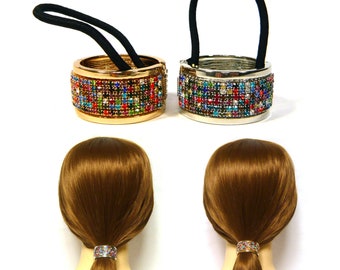 Multi-Color Crystal Rhinestone Decor Silver Gold Metal Hair Cuff Black Elastic Tie Band Ring Ponytail Holder Luxury Fashion Accessory Gift
