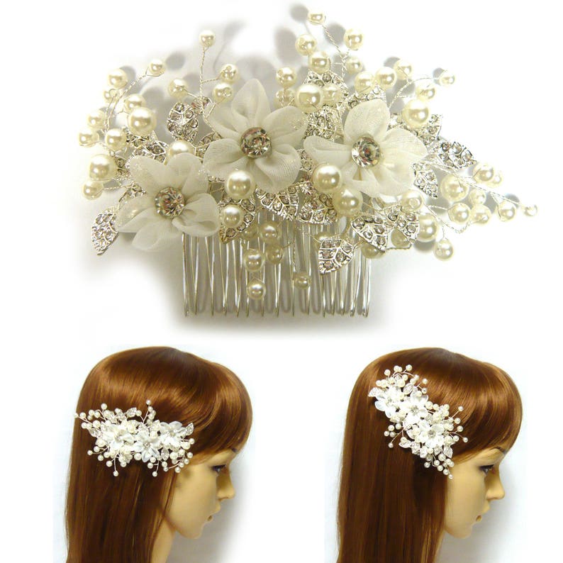 White Chiffon Fabric Flower Crystal Rhinestone Leaf Faux Pearl Silver Metal Comb Clip Pin Wedding Bridal Jewelry Fashion Women Lady Girl New