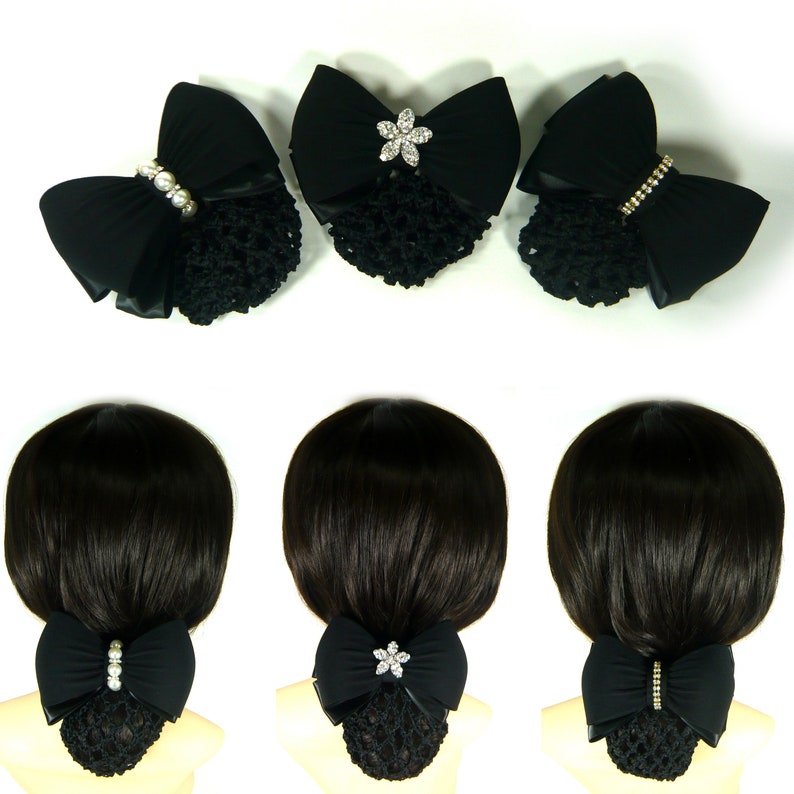 Black Fabric Ribbon Bow Crystal Rhinestone Pearl Decor Hair Etsy