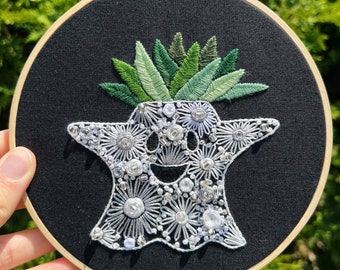 Happy Succulent Ghost Embroidery // Handmade Embroidery // Cute Embroidery