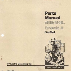 Puede incluir: Manual de piezas en blanco y negro para un generador eléctrico RV Onan NHE/NHEL Emerald III GenSet. La portada del manual presenta un dibujo de línea de un generador con una persona trabajando en él.