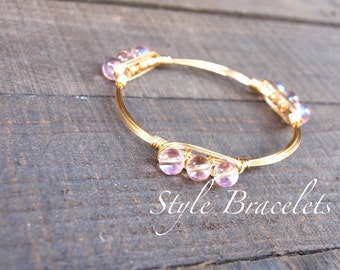 Wire Wrapped Bangle Bracelet | Iridescent Pink 8mm Glass Bead Wire Bracelet | Wire Bangle | Wire Wrapped Bangle | Bourbon Boweties Inspired