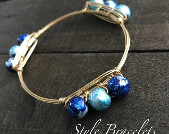 Wire Wrapped Bangle Bracelet | Blue Painted Glass Bead Wire Wrapped Bracelet | Bourbon and Boweties Inspired | 10mm 6659