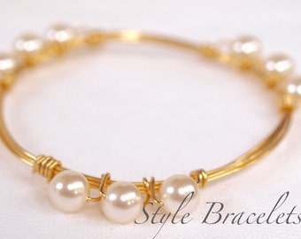 Pearl Wire Wrapped Bangle Bracelet | Swarovski White Pearl Wire Bracelet | Bourbon Boweties INSPIRED Wire Wrapped Bangle | Pearl Wire Bangle