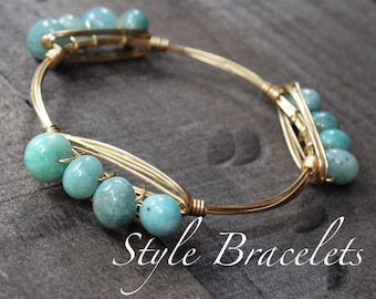 Wire Wrapped Bangle Bracelet | Blue Amazonite Freeform Nugget Wire Bracelet | Wire Bangle | Wire Wrapped Bangle