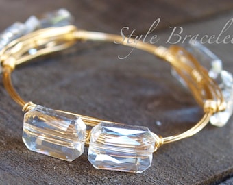Wire Wrapped Bangle Bracelet | Clear Crystal Glass 18x13mm Luster Wire Wrapped Bracelet | Wire Bracelet | Wire Bangle | Bead Bracelet