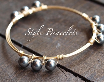 Pearl Wire Wrapped Bangle Bracelet | Swarovski Dark Grey Pearl Wire Wrapped | Wire Wrapped Bracelet | Bourbon and Boweties Inspired