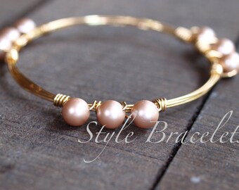 Pearl Wire Wrapped Bangle Bracelet | Swarovski Powder Almond Pearl & Wire Bracelet | Wire Wrapped Bracelet | Bourbon and Boweties Inspired