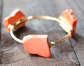 Wire Wrapped Bangle Bracelet | Orange Turquoise Wire Bracelet | Wire Bangle | Wire Wrapped Bangle | Orange Slab Bead Bracelet