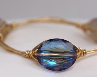 Wire Wrapped Bangle Bracelet | Blue Glass Luster Oval Bead Wire Bracelet Bangle | Wire Wrapped Bangle | Bourbon and Boweties Inspired 7208