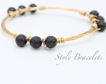 Wire Wrapped Bangle Bracelet | 8mm Black Pyrite Wire Bracelet | Wire Bangle | Wire Wrapped Bangle | Black and Gold Pyrite Stone Bracelet
