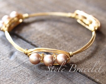 Pearl Wire Wrapped Bangle Bracelet | Swarovski Powder Almond Pearl & Wire Bracelet | Wire Wrapped Bracelet | Bourbon and Boweties Inspired