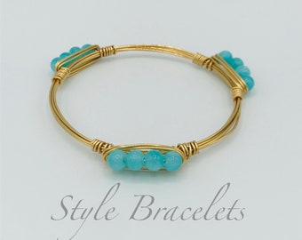 Wire Wrapped Bangle Bracelet | Blue Amazonite 6mm Round Bead Wire Bracelet | Wire Bangle | Wire Wrapped Bangle