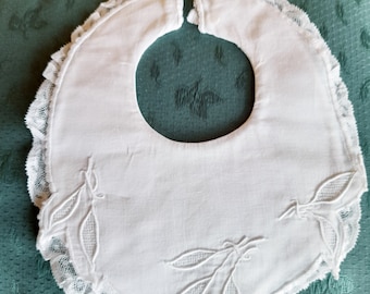 Antique Lace Bib, French Fine Linen, Hand Made, Hand Embroidered, Christening or Baptism, Unused, Superb Condition.