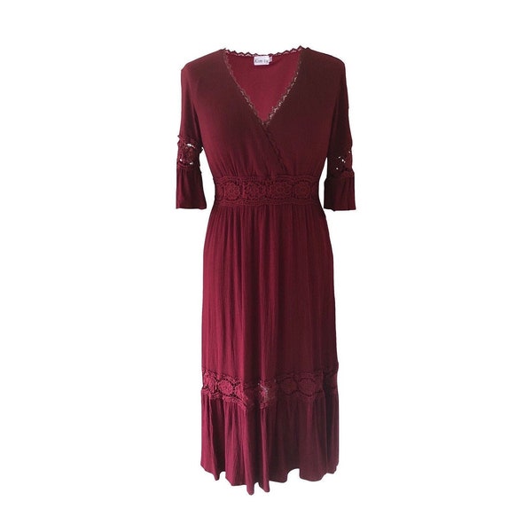 Burgundy Red Boho Midi Dress