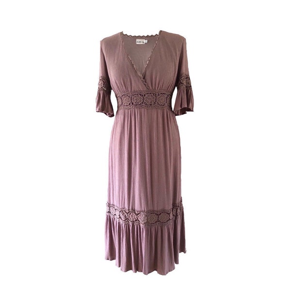 Rosa Taupe Boho mittlere Länge Zigeuner hohe Taille Kleid