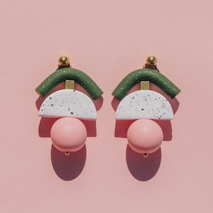 Dark green glittery and pastel pink polymer clay statement earrings. Minimal, modern every day jewelry. image 1