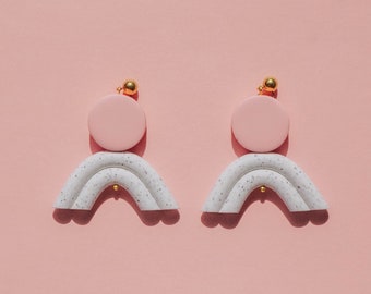 Pastel pink and white granite u shaped / arc shaped polymer clay earrings. Modern and minimal clay statement earrings. Cute bohemian studs.