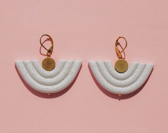 Light gray speckled polymer clay + brass drop / dangle statement earrings. Minimal, modern every day jewelry inspired by summer.