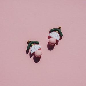 Dark green glittery and pastel pink polymer clay statement earrings. Minimal, modern every day jewelry. image 2