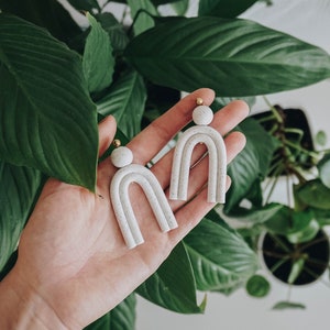 BESTSELLER - Modern and minimal light gray granite speckled polymer clay dangle & drop - stud earrings. Perfect every day statement jewelry.