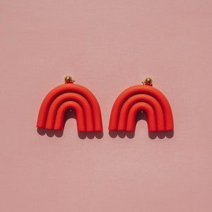 Terracotta arc shaped polymer clay stud earrings. Modern, minimal, funky abstract shape statement earrings image 1