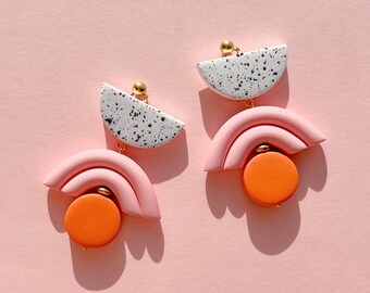 Unique speckled polymer clay statement earrings in pink and orange. Cute 60s earrings for her