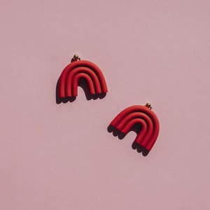 Terracotta arc shaped polymer clay stud earrings. Modern, minimal, funky abstract shape statement earrings image 4