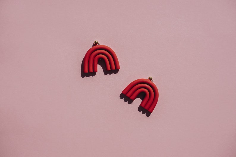 Terracotta arc shaped polymer clay stud earrings. Modern, minimal, funky abstract shape statement earrings image 4