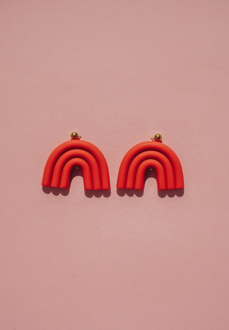 Terracotta arc shaped polymer clay stud earrings. Modern, minimal, funky abstract shape statement earrings image 1