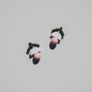 Dark green glittery and pastel pink polymer clay statement earrings. Minimal, modern every day jewelry. image 8