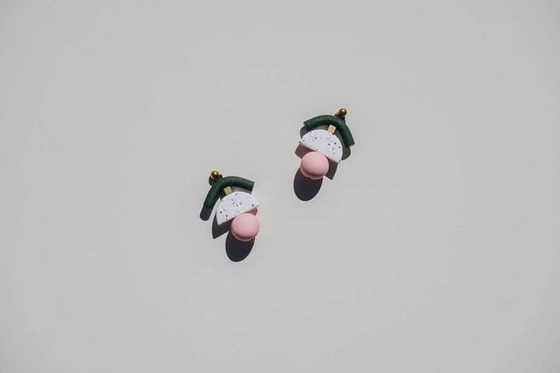 Dark green glittery and pastel pink polymer clay statement earrings. Minimal, modern every day jewelry. image 8