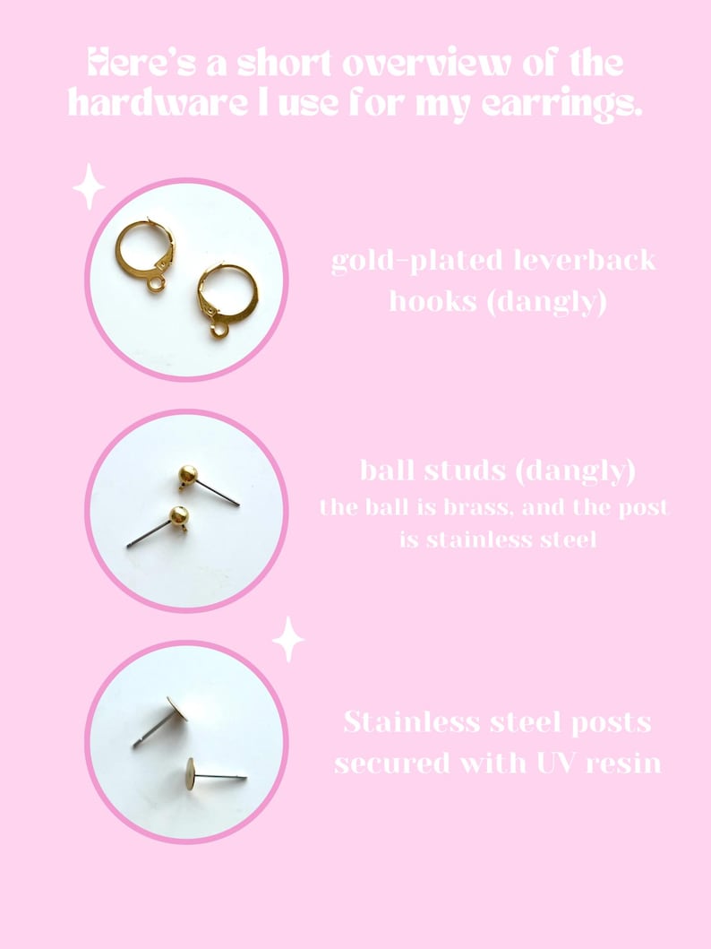 May include: Three different types of earring findings: gold-plated leverback hooks, ball studs, and stainless steel posts secured with UV resin.  The text "Here's a short overview of the hardware I use for my earrings." is at the top of the image.