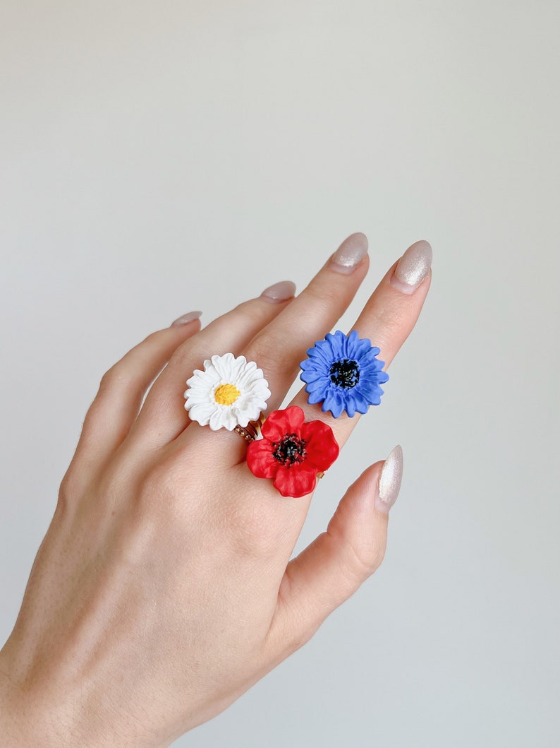 Wildflower 3 ring set. Polymer clay ring. Clay jewelry. Daisy ring. iebis. Bridesmaid gift. Best friend gift. Mom gift. Summer jewelry. image 5