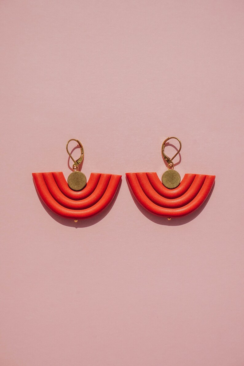 Terracotta u shape polymer clay statement earrings. Modern and minimal every day clay jewelry. Cute bohemian dangle / drop earrings. image 1