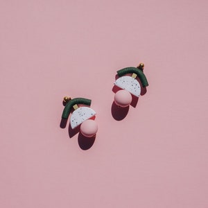 Dark green glittery and pastel pink polymer clay statement earrings. Minimal, modern every day jewelry. image 7