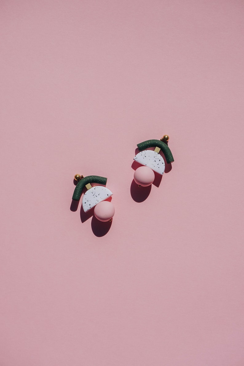 Dark green glittery and pastel pink polymer clay statement earrings. Minimal, modern every day jewelry. image 7