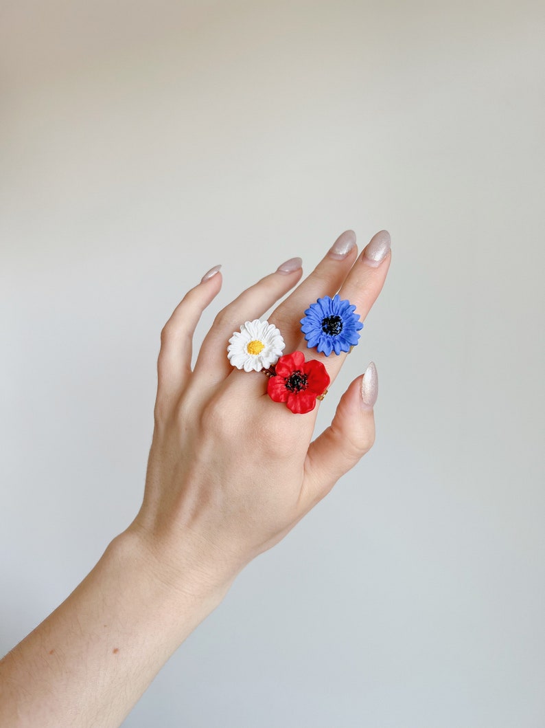Wildflower 3 ring set. Polymer clay ring. Clay jewelry. Daisy ring. iebis. Bridesmaid gift. Best friend gift. Mom gift. Summer jewelry. image 2