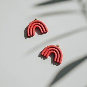 Terracotta arc shaped polymer clay stud earrings. Modern, minimal, funky abstract shape statement earrings image 10
