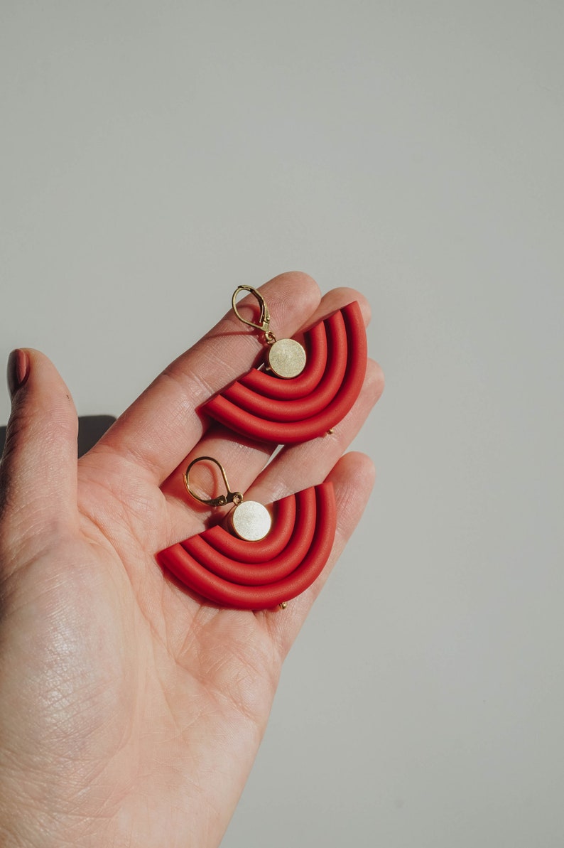 Terracotta u shape polymer clay statement earrings. Modern and minimal every day clay jewelry. Cute bohemian dangle / drop earrings. image 6