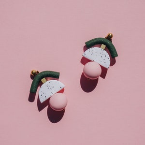 Dark green glittery and pastel pink polymer clay statement earrings. Minimal, modern every day jewelry. image 9