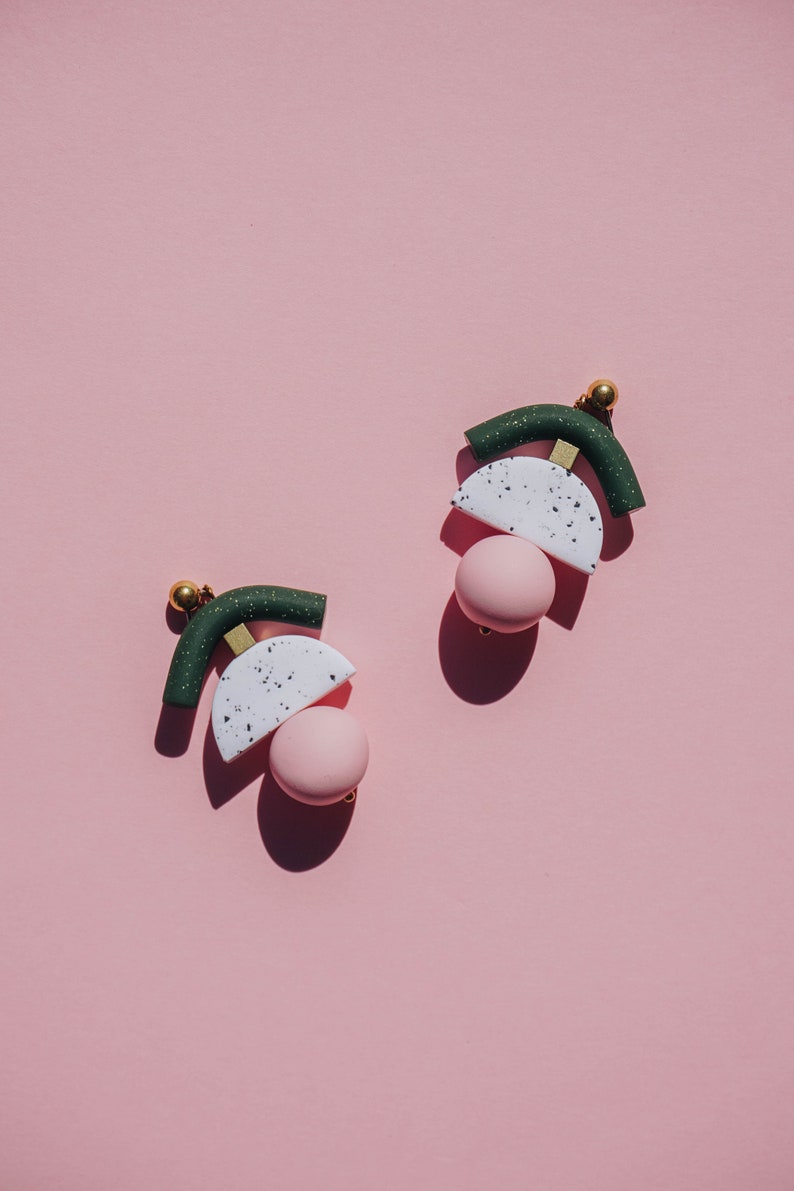 Dark green glittery and pastel pink polymer clay statement earrings. Minimal, modern every day jewelry. image 9