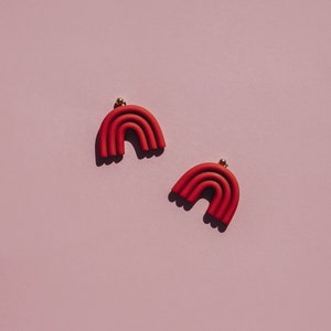 Terracotta arc shaped polymer clay stud earrings. Modern, minimal, funky abstract shape statement earrings image 5