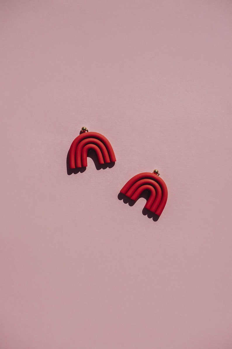 Terracotta arc shaped polymer clay stud earrings. Modern, minimal, funky abstract shape statement earrings image 5